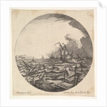 Tempest in a roundel composition, at left waves toss a small ship occupied by seven…, ca. 1625-60 by Matthijs van Plattenberg