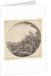 Tempest in a roundel composition, at left waves toss a small ship occupied by seven…, ca. 1625-60 by Matthijs van Plattenberg