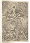 Resurrection of Christ, encompassed by an aureole and clouds with lines of winged putti to…, 1577 by Melchior Meier