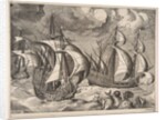 Three Caravels in a Rising Squall with Arion on a Dolphin from The Sailing Vessels, 1561-65 by Frans Huys