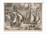 Three Caravels in a Rising Squall with Arion on a Dolphin from The Sailing Vessels, 1561-65 by Frans Huys