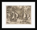 Three Caravels in a Rising Squall with Arion on a Dolphin from The Sailing Vessels, 1561-65 by Frans Huys