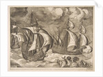 Three Caravels in a Rising Squall with Arion on a Dolphin from The Sailing Vessels, 1561-65 by Frans Huys