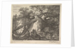 A man holding a staff and seated on a tree trunk; with two goats to either side; surro…, ca. 1600 by Aegidius Sadeler II