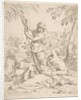 Repose in Egypt, Mary nursing the infant Christ while an angel pulls at tree branches, ca. 1639 by Simone Cantarini