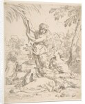Repose in Egypt, Mary nursing the infant Christ while an angel pulls at tree branches, ca. 1639 by Simone Cantarini