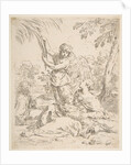 Repose in Egypt, Mary nursing the infant Christ while an angel pulls at tree branches, ca. 1639 by Simone Cantarini