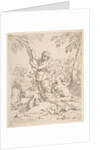 Repose in Egypt, Mary nursing the infant Christ while an angel pulls at tree branches, ca. 1639 by Simone Cantarini