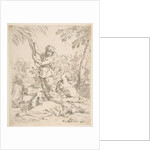 Repose in Egypt, Mary nursing the infant Christ while an angel pulls at tree branches, ca. 1639 by Simone Cantarini