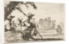 Plate 5: two pilgrims with hats rest to the left, seen from behind, a horseman rides towar…, 1642 by Stefano della Bella