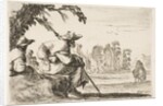 Plate 5: two pilgrims with hats rest to the left, seen from behind, a horseman rides towar…, 1642 by Stefano della Bella