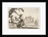 Plate 5: two pilgrims with hats rest to the left, seen from behind, a horseman rides towar…, 1642 by Stefano della Bella