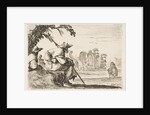 Plate 5: two pilgrims with hats rest to the left, seen from behind, a horseman rides towar…, 1642 by Stefano della Bella