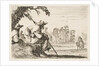 Plate 5: two pilgrims with hats rest to the left, seen from behind, a horseman rides towar…, 1642 by Stefano della Bella