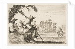 Plate 5: two pilgrims with hats rest to the left, seen from behind, a horseman rides towar…, 1642 by Stefano della Bella