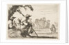 Plate 5: two pilgrims with hats rest to the left, seen from behind, a horseman rides towar…, 1642 by Stefano della Bella