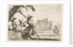 Plate 5: two pilgrims with hats rest to the left, seen from behind, a horseman rides towar…, 1642 by Stefano della Bella