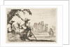 Plate 5: two pilgrims with hats rest to the left, seen from behind, a horseman rides towar…, 1642 by Stefano della Bella