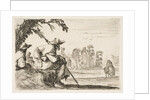 Plate 5: two pilgrims with hats rest to the left, seen from behind, a horseman rides towar…, 1642 by Stefano della Bella