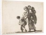 Plate 22: a beggar woman with three children, one child on her shoulders, one child…, ca. 1644-47 by Stefano della Bella