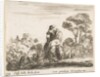 Plate 24: herdsman atop a horse, seen from behind, leads his cattle down a hill, a …, ca. 1644-47 by Stefano della Bella