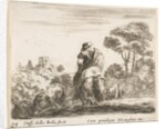 Plate 24: herdsman atop a horse, seen from behind, leads his cattle down a hill, a …, ca. 1644-47 by Stefano della Bella