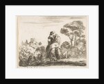 Plate 24: herdsman atop a horse, seen from behind, leads his cattle down a hill, a …, ca. 1644-47 by Stefano della Bella