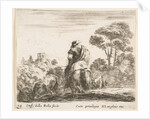 Plate 24: herdsman atop a horse, seen from behind, leads his cattle down a hill, a …, ca. 1644-47 by Stefano della Bella