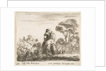 Plate 24: herdsman atop a horse, seen from behind, leads his cattle down a hill, a …, ca. 1644-47 by Stefano della Bella