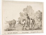 Plate 2: a peasant woman herds two cows across a stream, walking towards the left…, ca. 1644-47 by Stefano della Bella