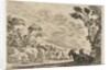 Plate 9: Two goats resting to right, turned towards the left, four men and a horse in a ri…, 1642 by Stefano della Bella