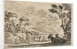 Plate 9: Two goats resting to right, turned towards the left, four men and a horse in a ri…, 1642 by Stefano della Bella