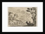 Plate 9: Two goats resting to right, turned towards the left, four men and a horse in a ri…, 1642 by Stefano della Bella