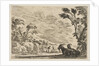 Plate 9: Two goats resting to right, turned towards the left, four men and a horse in a ri…, 1642 by Stefano della Bella