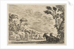Plate 9: Two goats resting to right, turned towards the left, four men and a horse in a ri…, 1642 by Stefano della Bella