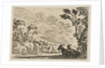 Plate 9: Two goats resting to right, turned towards the left, four men and a horse in a ri…, 1642 by Stefano della Bella