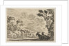 Plate 9: Two goats resting to right, turned towards the left, four men and a horse in a ri…, 1642 by Stefano della Bella