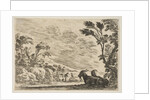 Plate 9: Two goats resting to right, turned towards the left, four men and a horse in a ri…, 1642 by Stefano della Bella