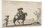 Plate 10: a horseman and a woman, seen from behind, riding towards the right with a young …, 1642 by Stefano della Bella