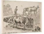 Plate 9: a cow ascending a bank, a peasant woman leading two cows across a bridge i…, ca. 1644-47 by Stefano della Bella