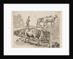 Plate 9: a cow ascending a bank, a peasant woman leading two cows across a bridge i…, ca. 1644-47 by Stefano della Bella