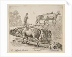 Plate 9: a cow ascending a bank, a peasant woman leading two cows across a bridge i…, ca. 1644-47 by Stefano della Bella