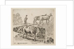 Plate 9: a cow ascending a bank, a peasant woman leading two cows across a bridge i…, ca. 1644-47 by Stefano della Bella