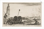 Plate 2: A cannon to the left, a town in the background, from 'Various Military Capric…, ca. 1641 by Stefano della Bella