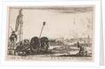 Plate 2: A cannon to the left, a town in the background, from 'Various Military Capric…, ca. 1641 by Stefano della Bella