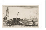 Plate 2: A cannon to the left, a town in the background, from 'Various Military Capric…, ca. 1641 by Stefano della Bella