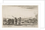 Plate 3: An officer giving orders to a solider in centre foreground, cannon at left, f…, ca. 1641 by Stefano della Bella
