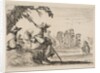 Plate 5: two pilgrims with hats rest to the left, seen from behind, a horseman rides towar…, 1642 by Stefano della Bella