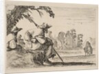 Plate 5: two pilgrims with hats rest to the left, seen from behind, a horseman rides towar…, 1642 by Stefano della Bella