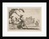 Plate 5: two pilgrims with hats rest to the left, seen from behind, a horseman rides towar…, 1642 by Stefano della Bella